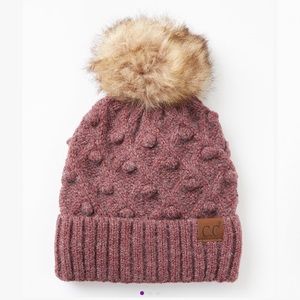 Bobble Knit Fur Pom C.C Beanie Hat Wine Mix NEW